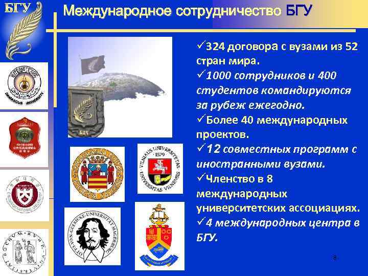 Международное сотрудничество БГУ ü 324 договора с вузами из 52 стран мира. ü 1000