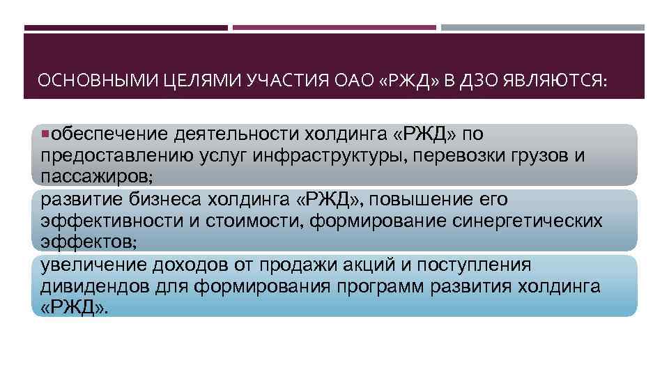 ОСНОВНЫМИ ЦЕЛЯМИ УЧАСТИЯ ОАО «РЖД» В ДЗО ЯВЛЯЮТСЯ: обеспечение деятельности холдинга «РЖД» по предоставлению