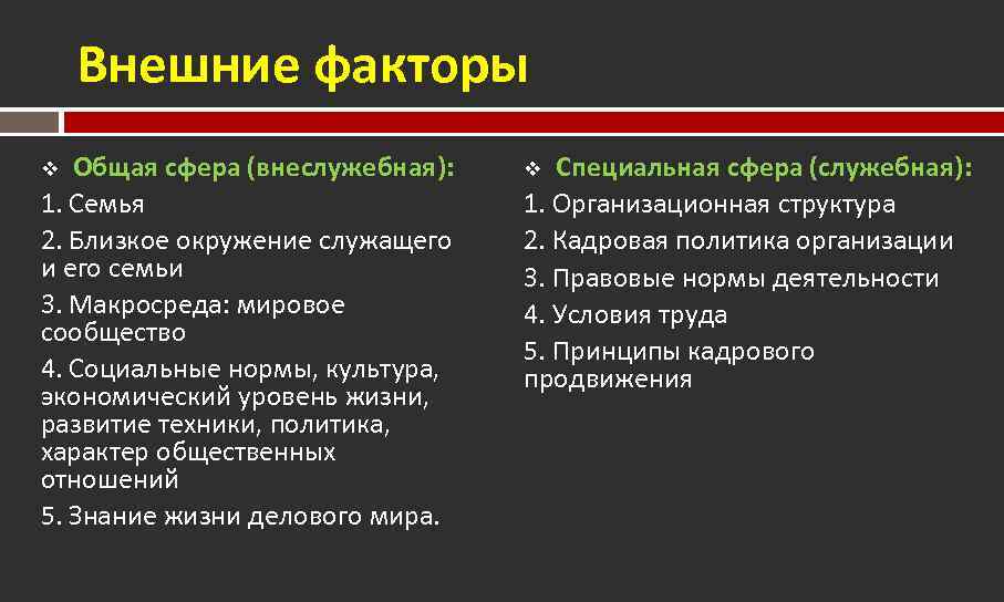 Внешние факторы Общая сфера (внеслужебная): 1. Семья 2. Близкое окружение служащего и его семьи