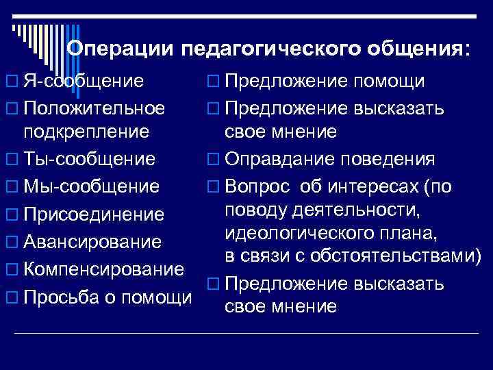 Операции педагогического общения: o Я-сообщение o Предложение помощи o Положительное o Предложение высказать подкрепление