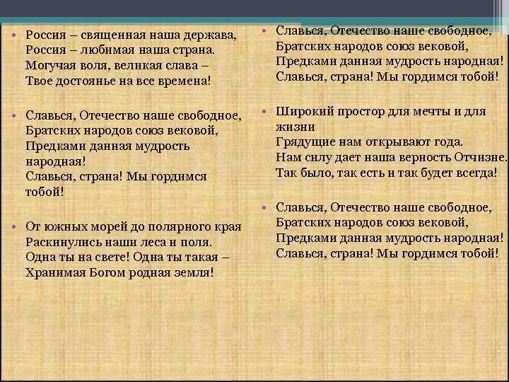  • Россия – священная наша держава, Россия – любимая наша страна. Могучая воля,