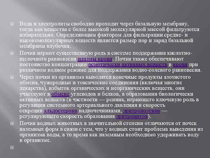  Вода и электролиты свободно проходят через базальную мембрану, тогда как вещества с более