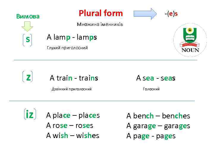 Вимова Plural form -(e)s Множина іменників s z A lamp - lamps Глухий приголосний
