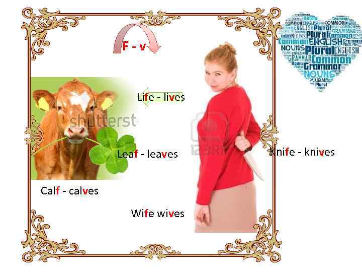F-v Life - lives Leaf - leaves Calf - calves Wife wives Knife -