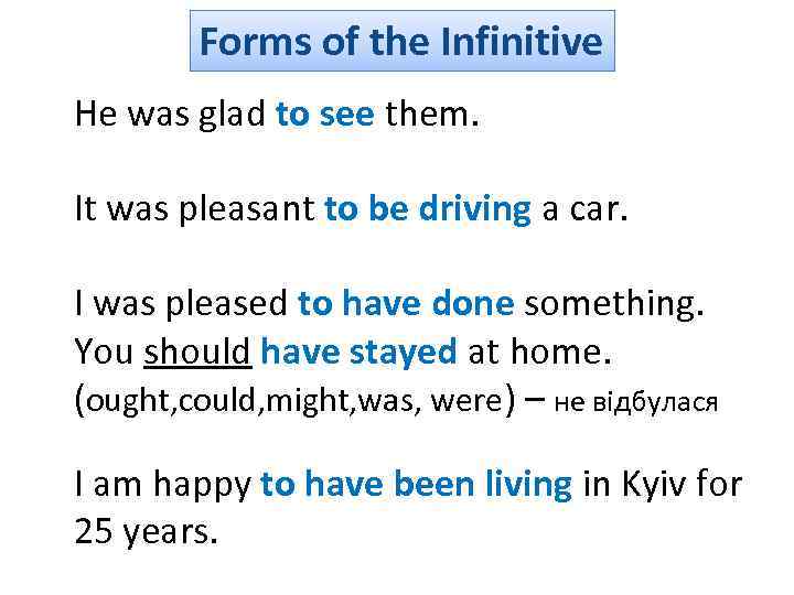 Forms of the Infinitive He was glad to see them. It was pleasant to