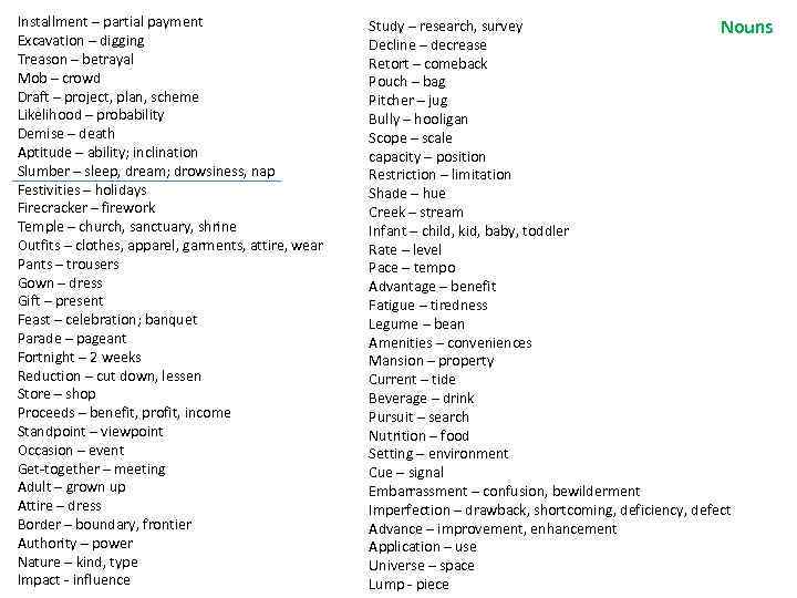 Installment – partial payment Excavation – digging Treason – betrayal Mob – crowd Draft