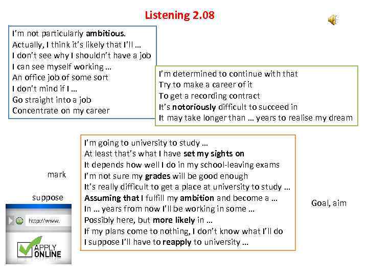 Listening 2. 08 I’m not particularly ambitious. Actually, I think it’s likely that I’ll