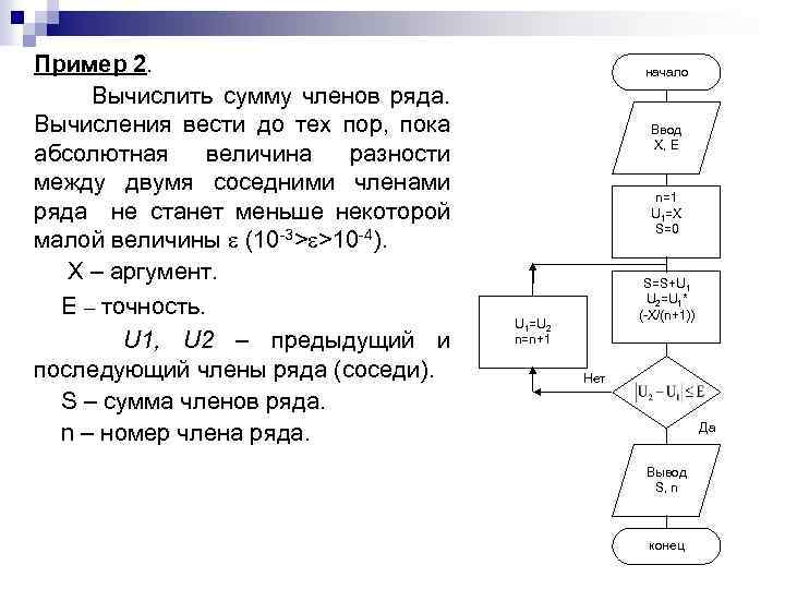 Пример 2. Вычислить сумму членов ряда. Вычисления вести до тех пор, пока абсолютная величина