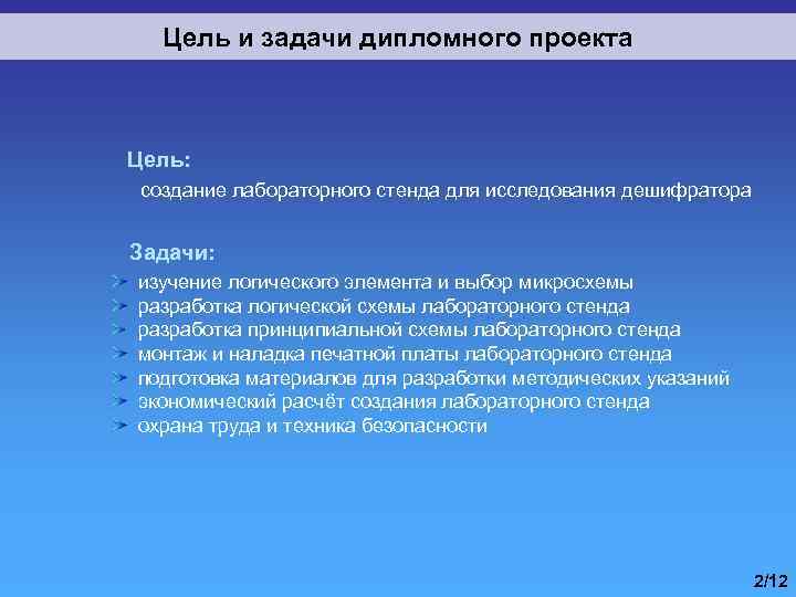 Цель и задачи дипломного проекта Цель: создание лабораторного стенда для исследования дешифратора Задачи: изучение