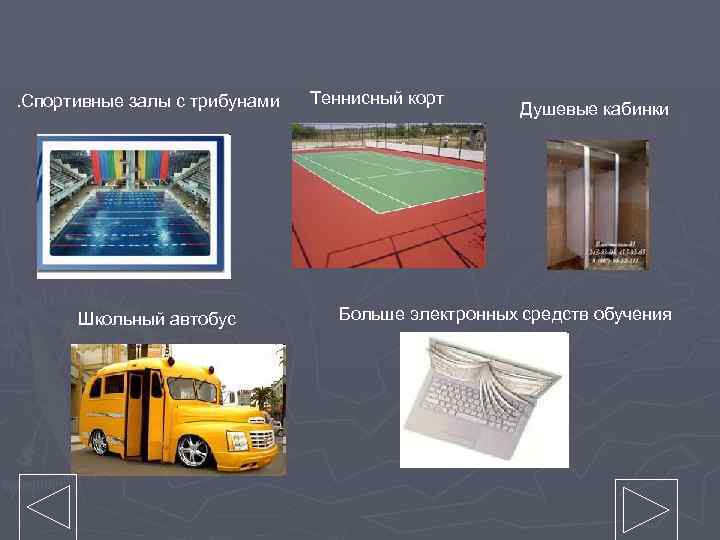 . Спортивные залы с трибунами Школьный автобус Теннисный корт Душевые кабинки Больше электронных средств
