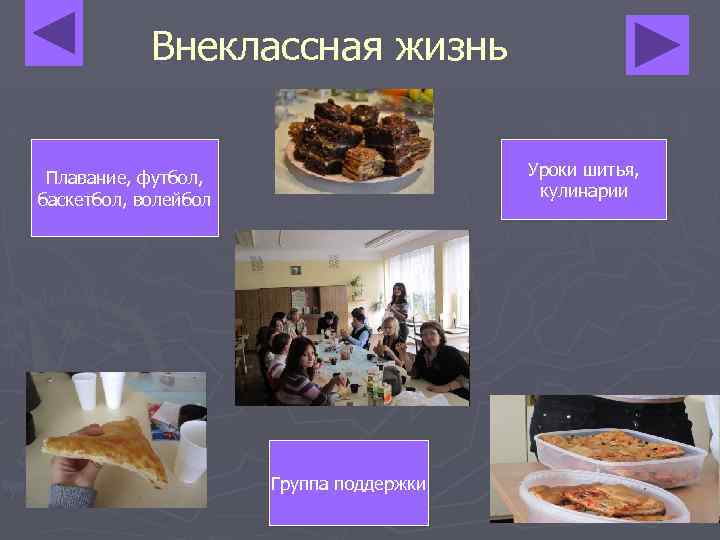 Внеклассная жизнь Уроки шитья, кулинарии Плавание, футбол, баскетбол, волейбол Группа поддержки 