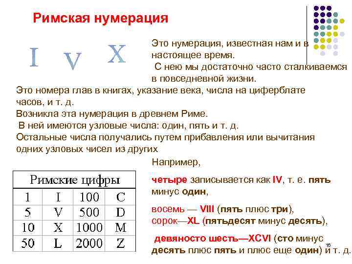 Римская нумерация Это нумерация, известная нам и в настоящее время. С нею мы достаточно