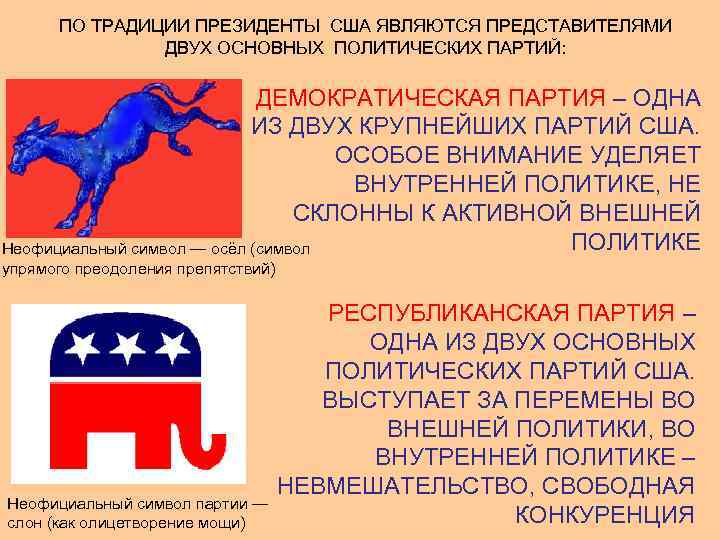 ПО ТРАДИЦИИ ПРЕЗИДЕНТЫ США ЯВЛЯЮТСЯ ПРЕДСТАВИТЕЛЯМИ ДВУХ ОСНОВНЫХ ПОЛИТИЧЕСКИХ ПАРТИЙ: ДЕМОКРАТИЧЕСКАЯ ПАРТИЯ – ОДНА