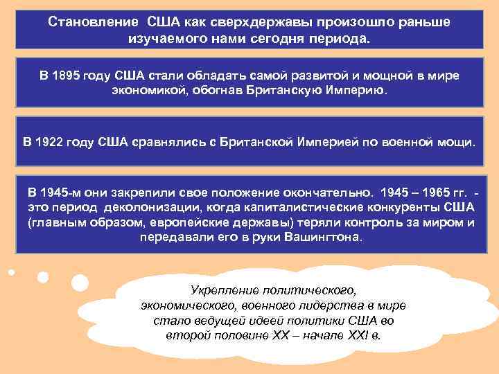 Становление США как сверхдержавы произошло раньше изучаемого нами сегодня периода. В 1895 году США