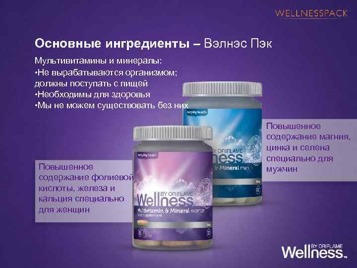 Основные ингредиенты – Вэлнэс Пэк Мультивитамины и минералы: • Не вырабатываются организмом; должны поступать