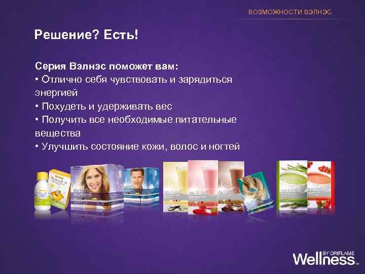 ВОЗМОЖНОСТИ ВЭЛНЭС Решение? Есть! Серия Вэлнэс поможет вам: • Отлично себя чувствовать и зарядиться
