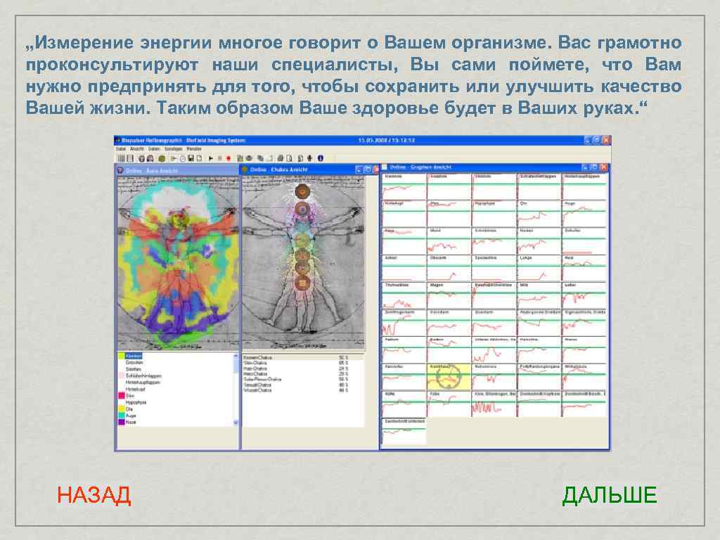 „Измерение энергии многое говорит о Вашем организме. Вас грамотно проконсультируют наши специалисты, Вы сами