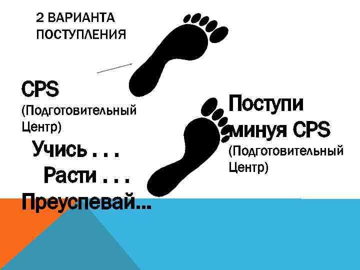 2 ВАРИАНТА ПОСТУПЛЕНИЯ CPS (Подготовительный Центр) Учись. . . Расти. . . Преуспевай… Поступи