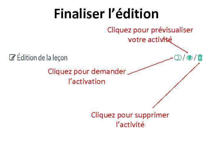 Finaliser l’édition Cliquez pour prévisualiser votre activité Cliquez pour demander l’activation Cliquez pour supprimer