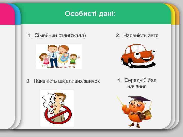 Особисті дані: 1. Сімейний стан(склад) 2. Наявність авто 3. Наявність шкідливих звичок 4. Середній
