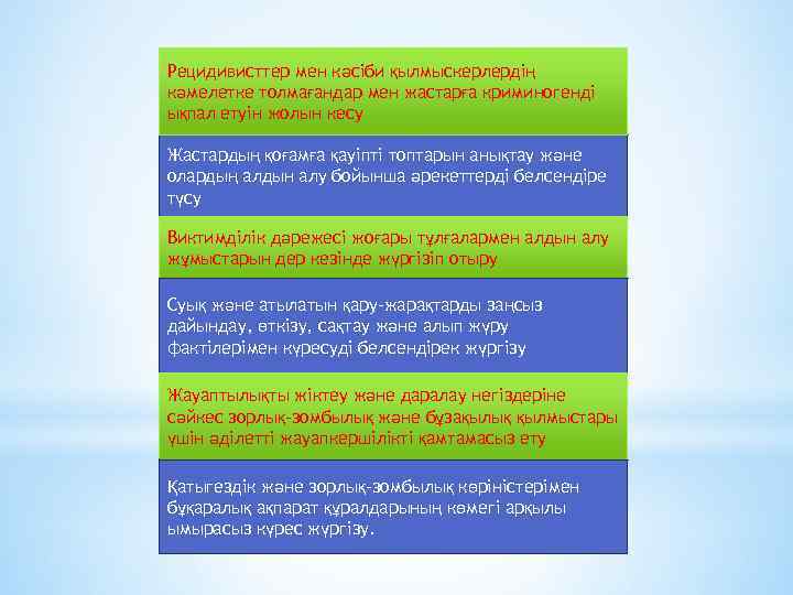 Рецидивисттер мен кәсіби қылмыскерлердің кәмелетке толмағандар мен жастарға криминогенді ықпал етуін жолын кесу Жастардың
