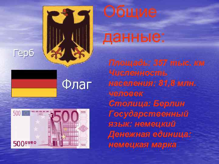 Общие данные: Герб Флаг Площадь: 357 тыс. км Численность населения: 81, 8 млн. человек