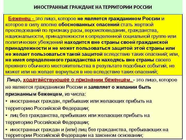 ИНОСТРАННЫЕ ГРАЖДАНЕ НА ТЕРРИТОРИИ РОССИИ Беженец - это лицо, которое не является гражданином России