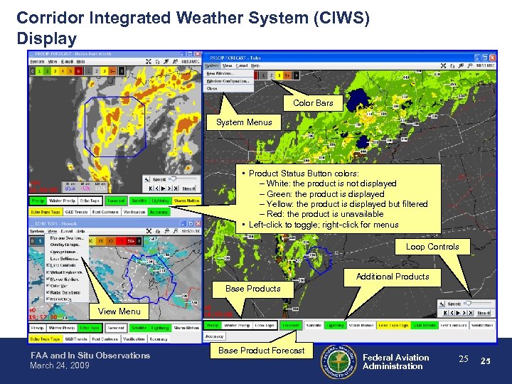 Corridor Integrated Weather System (CIWS) Display Color Bars System Menus • Product Status Button