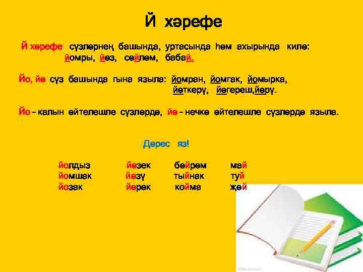 Й хәрефе сүзләрнең башында, уртасында һәм ахырында килә: йомры, йөз, сөйләм, бабай. Йо, йө