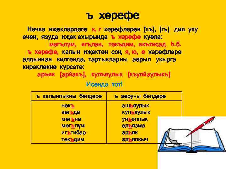 ъ хәрефе Нечкә иҗекләрдәге к, г хәрефләрен [къ], [гъ] дип уку өчен, язуда иҗек