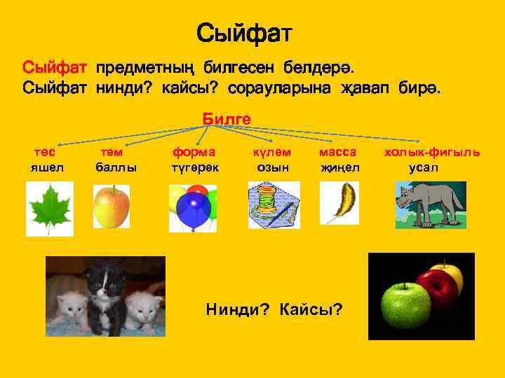 Сыйфат предметның билгесен белдерә. Сыйфат нинди? кайсы? сорауларына җавап бирә. Билге төс яшел тәм