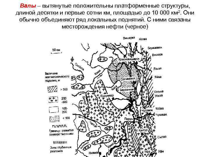 Валы – вытянутые положительны платформенные структуры, длиной десятки и первые сотни км, площадью до