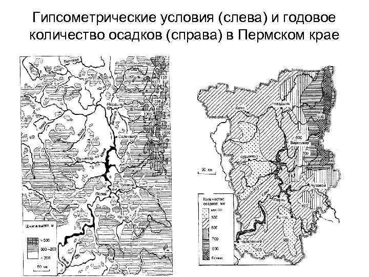 Гипсометрические условия (слева) и годовое количество осадков (справа) в Пермском крае 