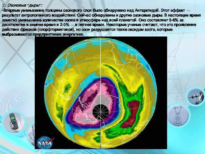 3) Озоновые “дыры”: • Впервые уменьшение толщины озонового слоя было обнаружено над Антарктидой. Этот