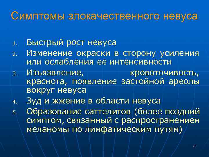 Симптомы злокачественного невуса 1. 2. 3. 4. 5. Быстрый рост невуса Изменение окраски в