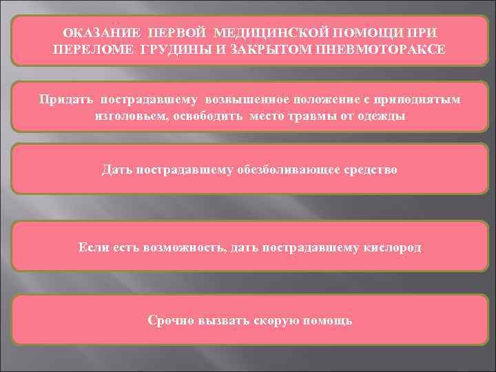 ОКАЗАНИЕ ПЕРВОЙ МЕДИЦИНСКОЙ ПОМОЩИ ПРИ ПЕРЕЛОМЕ ГРУДИНЫ И ЗАКРЫТОМ ПНЕВМОТОРАКСЕ Придать пострадавшему возвышенное положение