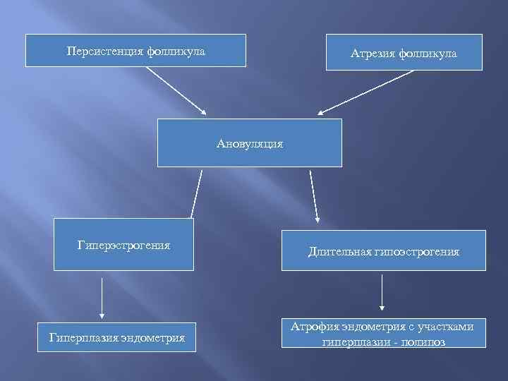 Персистенция фолликула Атрезия фолликула Ановуляция Гиперэстрогения Гиперплазия эндометрия Длительная гипоэстрогения Атрофия эндометрия с участками