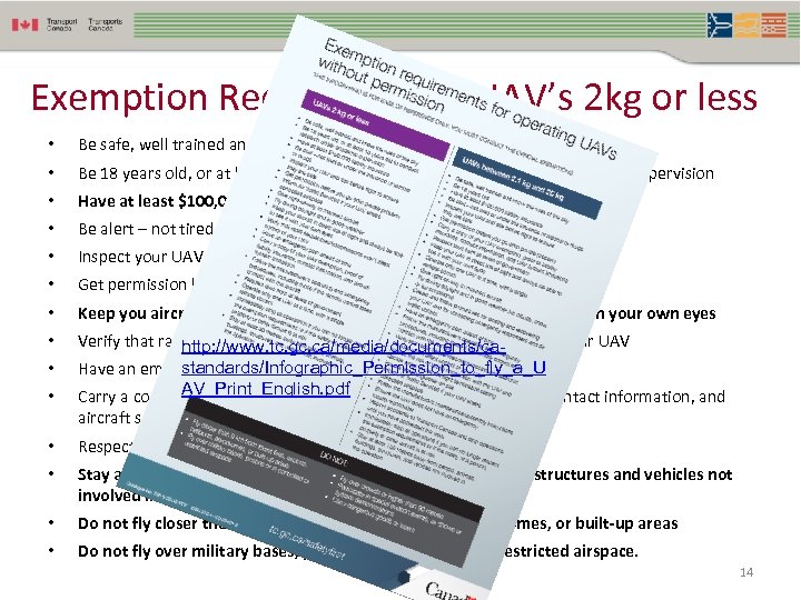 Exemption Requirements: UAV’s 2 kg or less • Be safe, well trained and know