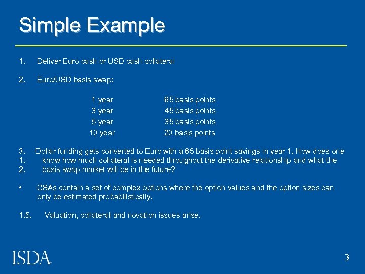 Simple Example 1. Deliver Euro cash or USD cash collateral 2. Euro/USD basis swap: