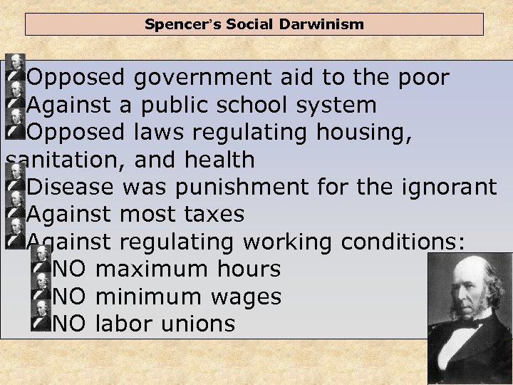 Spencer’s Social Darwinism Opposed government aid to the poor Against a public school system