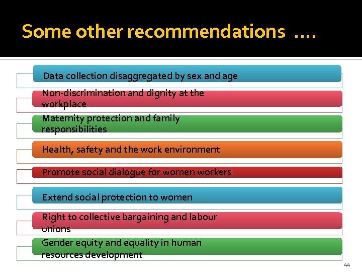 Some other recommendations. . Data collection disaggregated by sex and age Non-discrimination and dignity