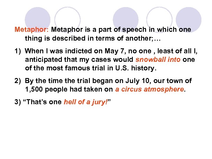 Metaphor: Metaphor is a part of speech in which one thing is described in