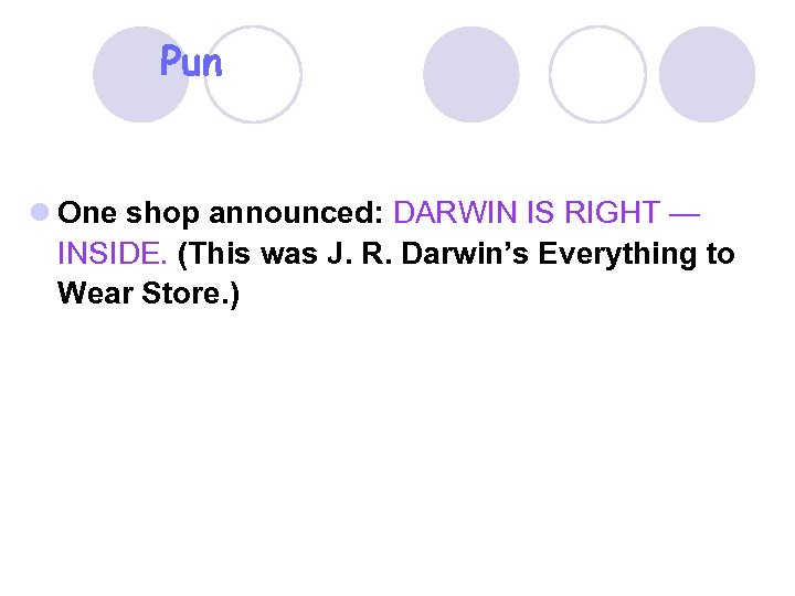 Pun l One shop announced: DARWIN IS RIGHT — INSIDE. (This was J. R.