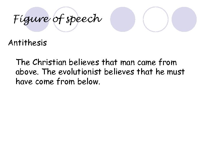 Figure of speech Antithesis The Christian believes that man came from above. The evolutionist