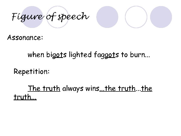 Figure of speech Assonance: 　　when bigots lighted faggots to burn. . . Repetition: 　　The