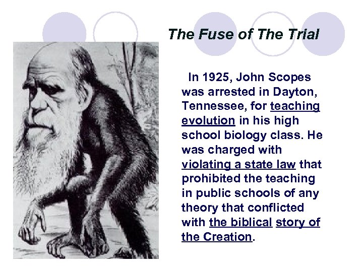 The Fuse of The Trial In 1925, John Scopes was arrested in Dayton, Tennessee,