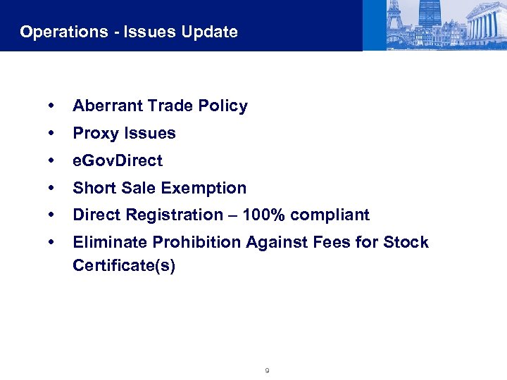 Operations - Issues Update Aberrant Trade Policy Proxy Issues e. Gov. Direct Short Sale