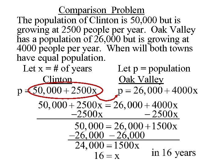 Comparison Problem The population of Clinton is 50, 000 but is growing at 2500