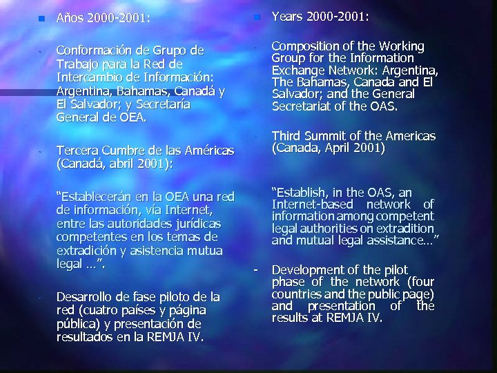 n Años 2000 -2001: n Years 2000 -2001: - Conformación de Grupo de Trabajo