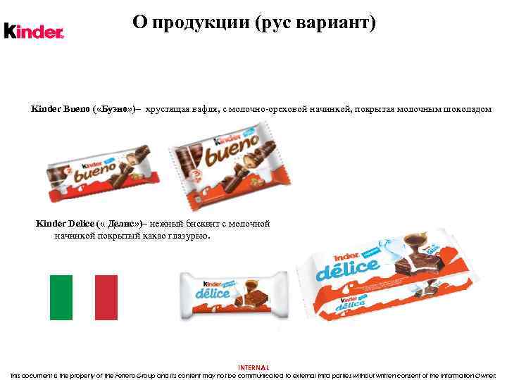 О продукции (рус вариант) Kinder Bueno ( «Буэно» )– хрустящая вафля, с молочно-ореховой начинкой,